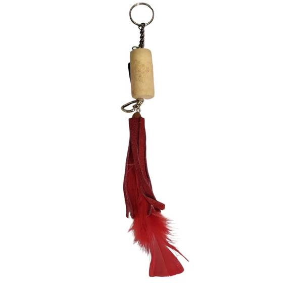 Handcrafted Cork Red Suede Heart Fringe Feather Heart Keychain - Picture 2 of 2